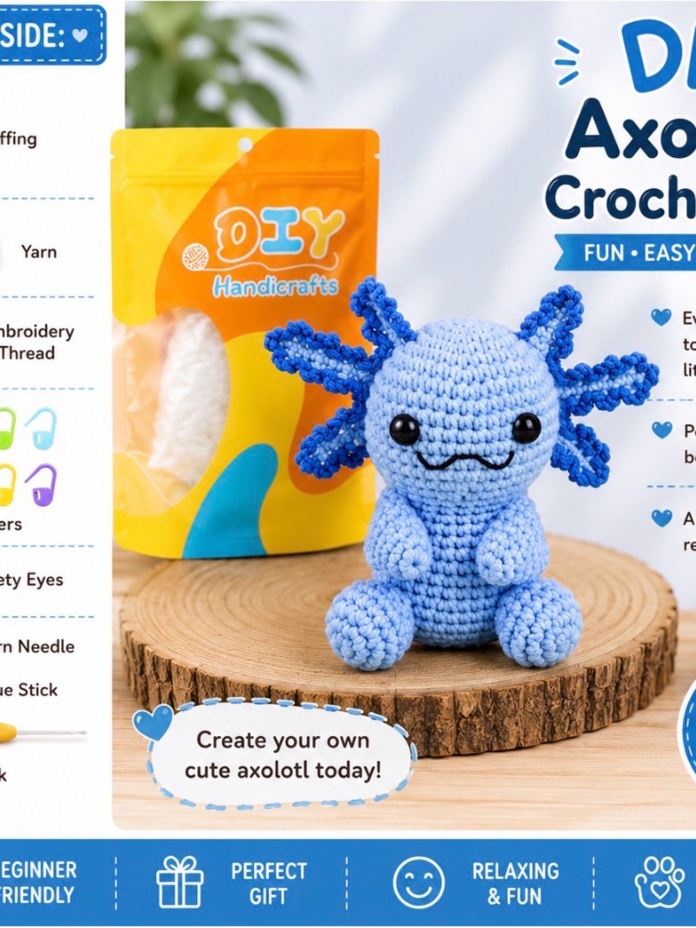 Blue Axolotl Crochet Kit - Cute Plush Toy